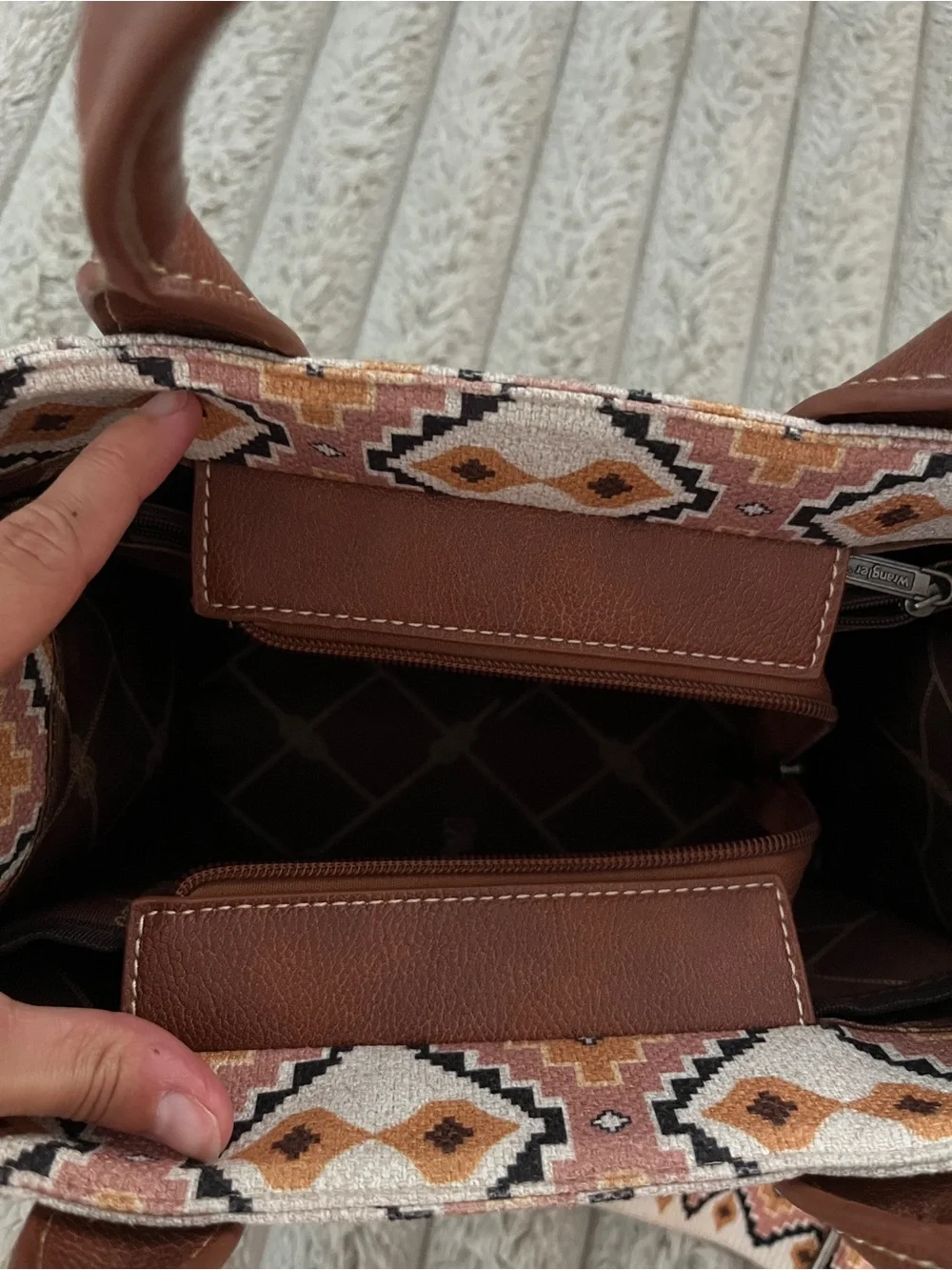 Wrangler Brown and Cream Geometric Crossbody Tote with Patterned Strap